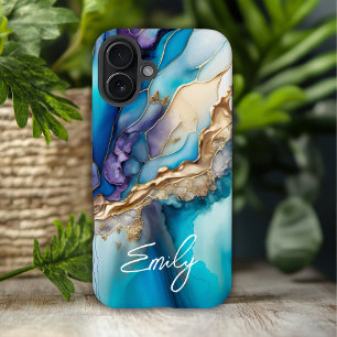 Moderne elegante blaue goldene Marmor-Personalisie iPhone 16 Plus Hülle
