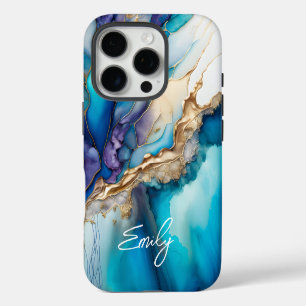 Moderne elegante blaue goldene Marmor-Personalisie iPhone 16 Pro Hülle