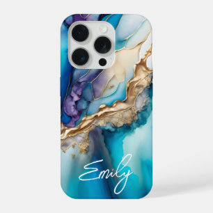 Moderne elegante blaue goldene Marmor-Personalisie iPhone 15 Pro Hülle