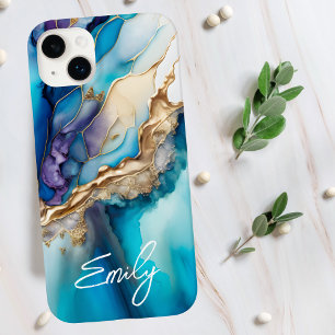 Moderne elegante blaue goldene Marmor-Personalisie iPhone 14 Plus Hülle