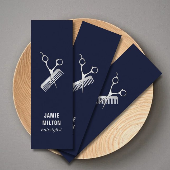 Moderne Elegante blaue Imitate Silberschere Kamm Mini Visitenkarte (Von Creator hochgeladen)