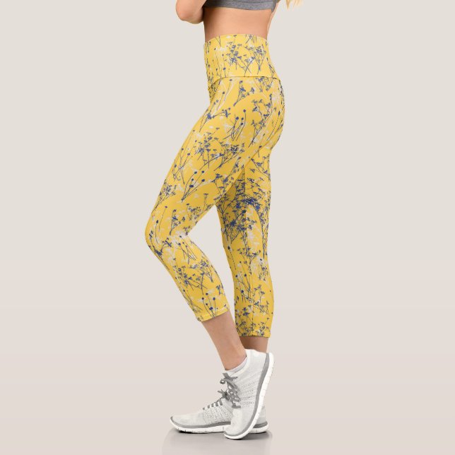 Moderne elegante blaue Senf-Gelbe Wildblumen Capri Leggings (Links)