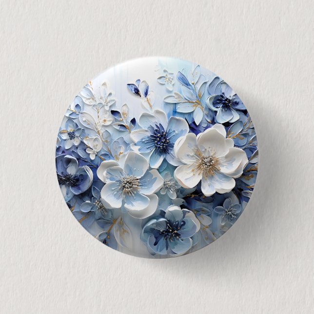 Moderne elegante blaue weiße botanische Blumen Button (Vorderseite)