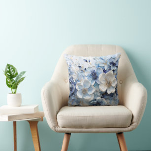 Moderne elegante blaue weiße botanische Blumen Kissen