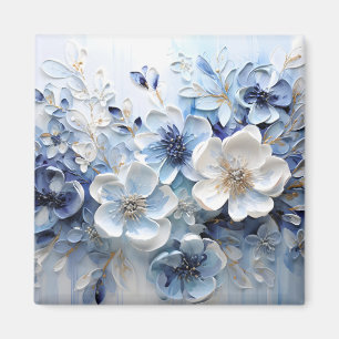 Moderne elegante blaue weiße botanische Blumen Magnet