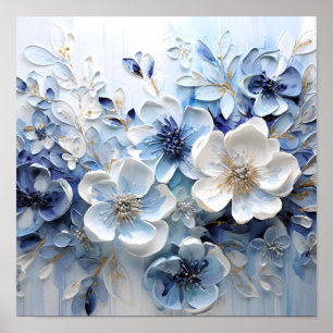 Moderne elegante blaue weiße botanische Blumen Poster