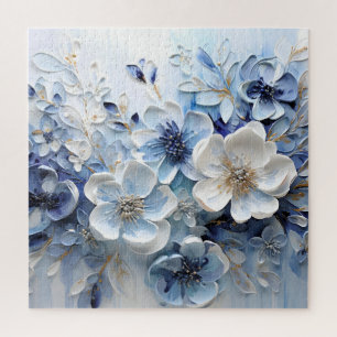Moderne elegante blaue weiße botanische Blumen Puzzle