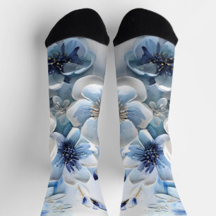 Moderne elegante blaue weiße botanische Blumen Socken
