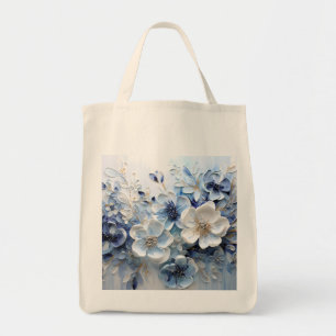 Moderne elegante blaue weiße botanische Blumen Tragetasche