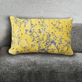 Moderne, elegante blaue Wildblumen Mustard Yellow Lendenkissen