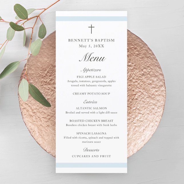 Moderne elegante Blue Boys Taufe Programm (Modern boys baptism menu with script headlines and simple cross.)
