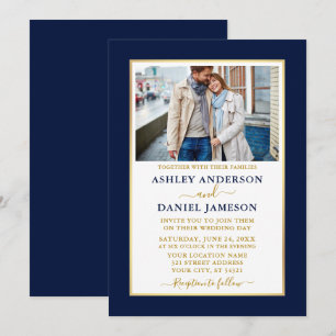Moderne Elegante Blue Gold Hochzeit Einladung