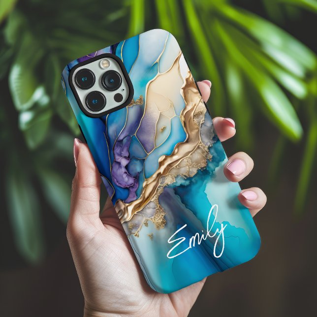 Moderne Elegante Blue Gold Marmor Personalisiert N Case-Mate iPhone Hülle (Von Creator hochgeladen)