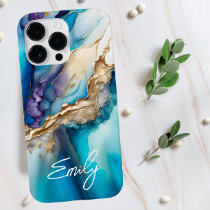 Moderne Elegante Blue Gold Marmor Personalisiert N Case-Mate iPhone 14 Pro Max Hülle