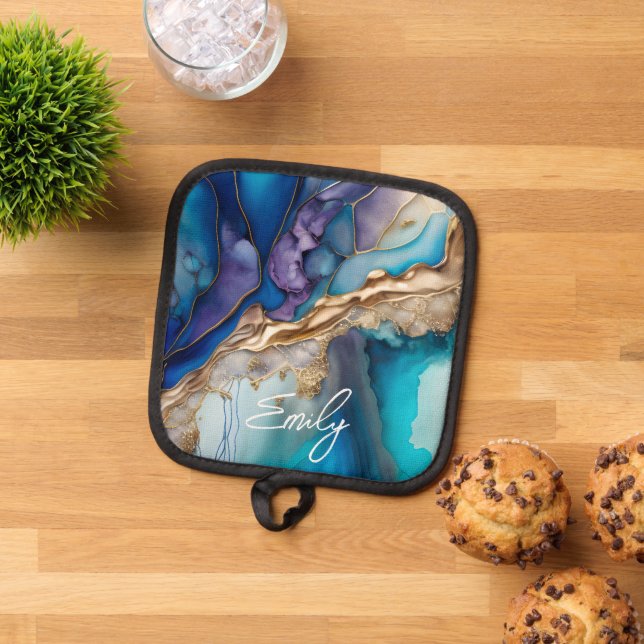 Moderne Elegante Blue Gold Marmor Personalisiert N Topflappen (Oben Unten)