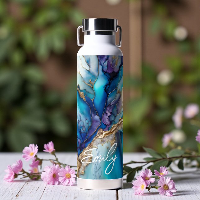 Moderne Elegante Blue Gold Marmor Personalisiert N Trinkflasche (Von Creator hochgeladen)