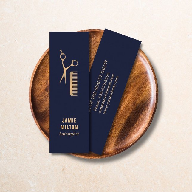 Moderne Elegante Blue Imitate Gold Schere Comb Mini Visitenkarte (Von Creator hochgeladen)