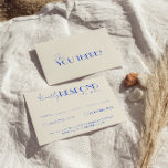 Moderne Elegante Blue Retro Französische Whimsikal RSVP Karte<br><div class="desc">Eine einfache und elegante Kalligraphie farbenfrohe Retro-Hochzeitskarte rsvp. Das hat einen Vintagen,  modernen,  cremigen Hintergrund mit blauen Schriften und handgeschriebenen,  skurrilen stylischen Worten. Minimalistisch und elegant mit handgeschriebener Schrift. Sie können alle editierbar sein,  indem Sie auf die Schaltfläche Personalisieren klicken.</div>