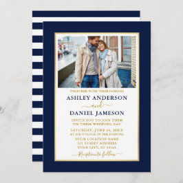 Moderne, elegante Blue Striping Gold Wedding Einladung