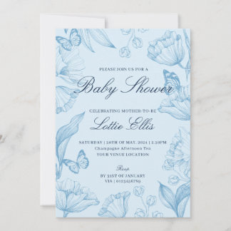 Moderne elegante Blumen Sky Blue Boy Baby Dusche Einladung