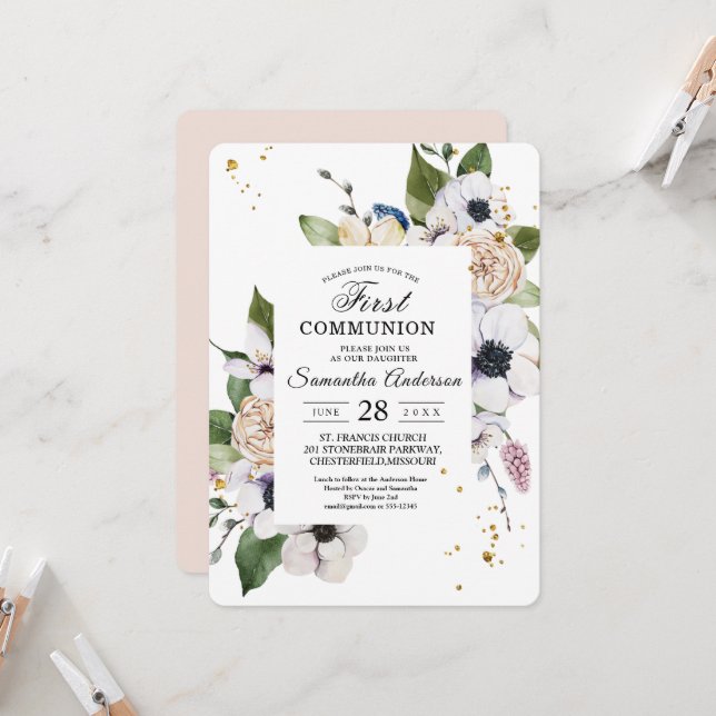 Moderne elegante Blumen- und Goldtropfen Einladung (Vorderseite/Rückseite Beispiel)