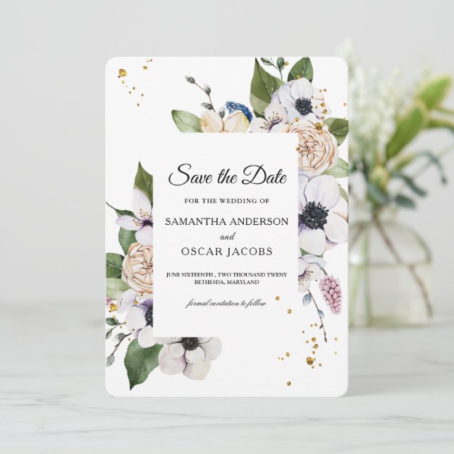 Moderne elegante Blumen- und Goldtropfen Save The Date (Stehend Vorderseite)