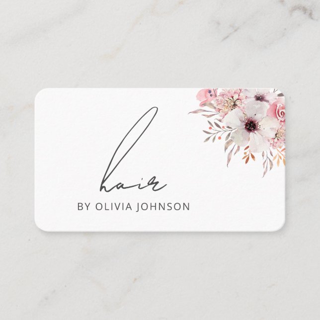 Moderne elegante Blumenhaar Stylist Business Card Visitenkarte (Vorderseite)