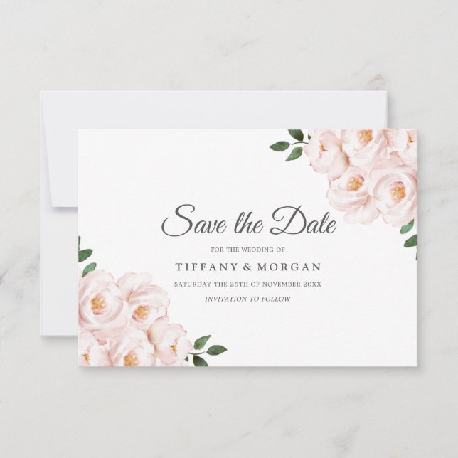 Moderne, elegante Blush Bloral Wedding Save The Date (Vorderseite)