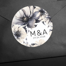 Moderne elegante Boho Schwarz-weiße Blumenhochzeit Runder Aufkleber
