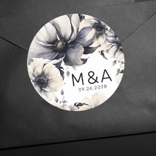 Moderne elegante Boho Schwarz-weiße Blumenhochzeit Runder Aufkleber