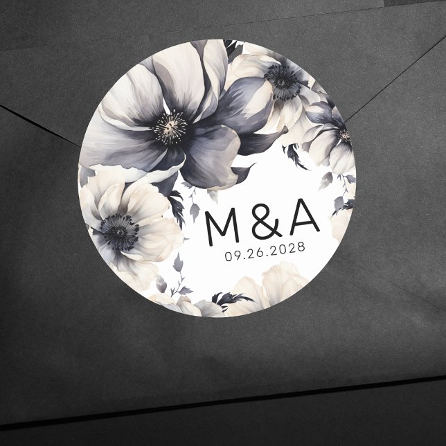 Moderne elegante Boho Schwarz-weiße Blumenhochzeit Runder Aufkleber (Modern Elegant Boho Floral Black White Wedding Classic Round Sticker)