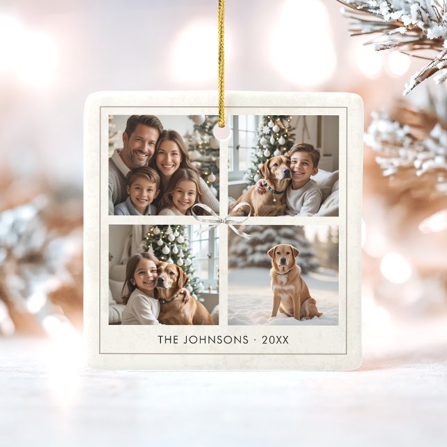 Moderne Elegante Boho Weihnachtsfamilie Foto Colla Keramikornament (Elegant boho 4 photo collage ceramic holiday ornament)