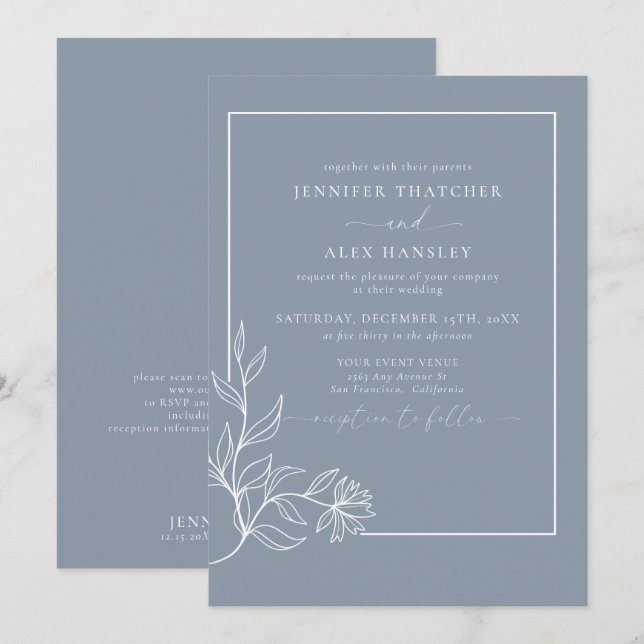 Moderne elegante botanische Blätter QR Code Weddin Einladung (Vorne/Hinten)