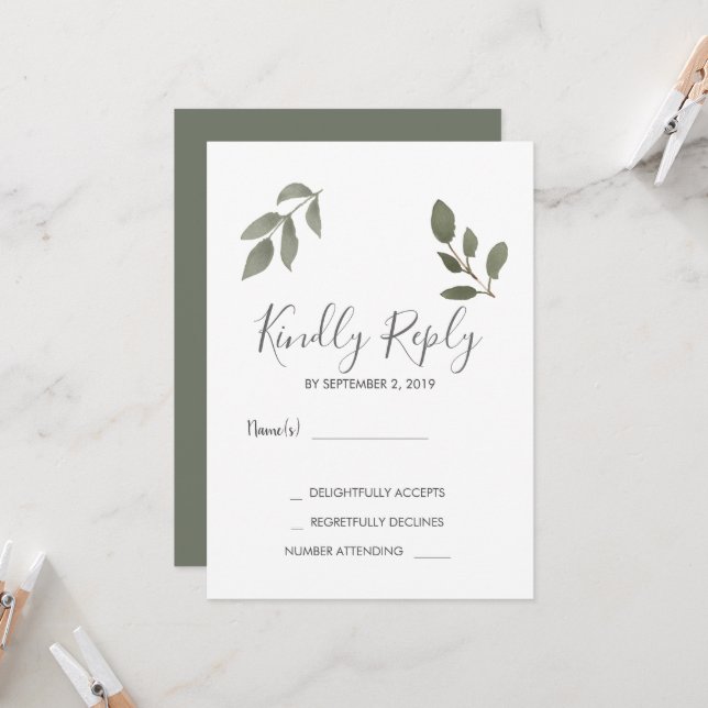 Moderne, elegante botanische Blätter Wedding RSVP Einladung (Vorderseite/Rückseite Beispiel)