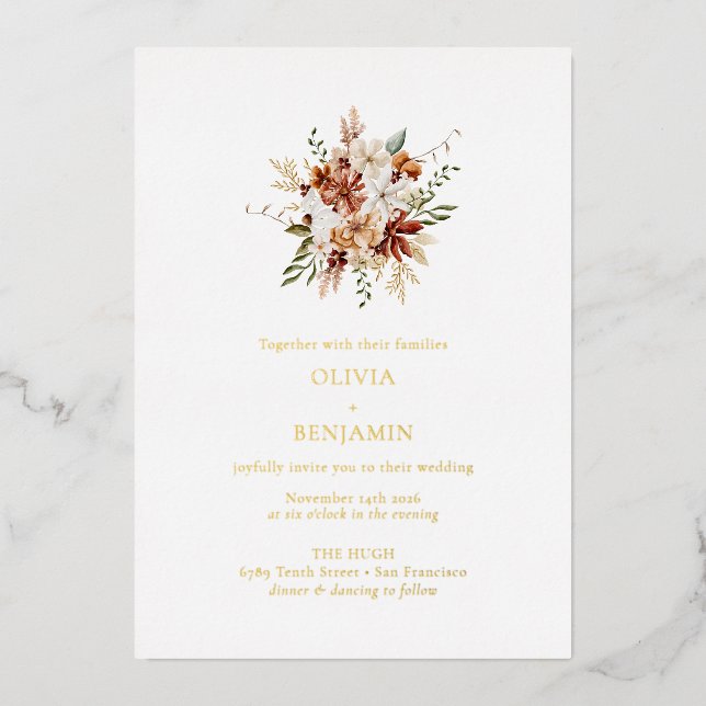 Moderne elegante Botanische Burgund Bouquet Weddin Folieneinladung (Vorderseite)