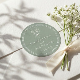 Moderne elegante botanische Hochzeit in Salbeigrün Runder Aufkleber