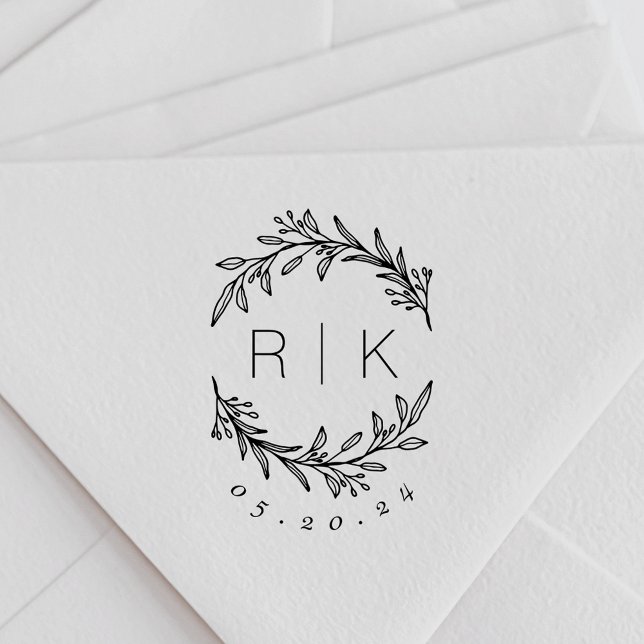 Moderne elegante botanische Initialen Hochzeitmong Permastempel (Von Creator hochgeladen)