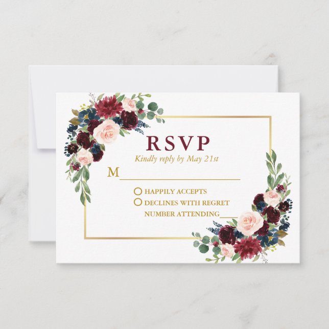 Moderne Elegante Burgund Blue Floral Wedding Gold RSVP Karte (Vorderseite)
