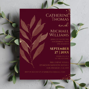Moderne elegante Burgund Gold Leaf Engagement Part Folieneinladung