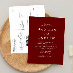 Moderne elegante burgunderrote Hochzeit mit QR-Cod Einladungspostkarte