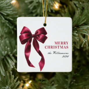 Moderne elegante burgunderrote Schleife Weihnachts Keramikornament