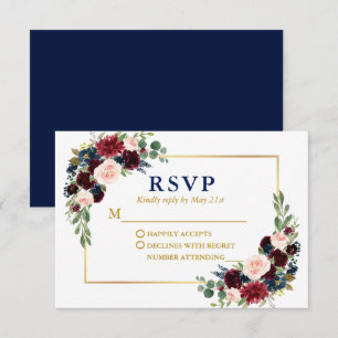 Moderne Elegante Burgundy Blue Floral Gold Wedding RSVP Karte