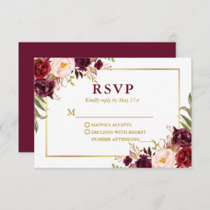 Moderne Elegante Burgundy Floral Gold Wedding RSVP Karte