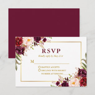 Moderne Elegante Burgundy Floral Gold Wedding RSVP Karte