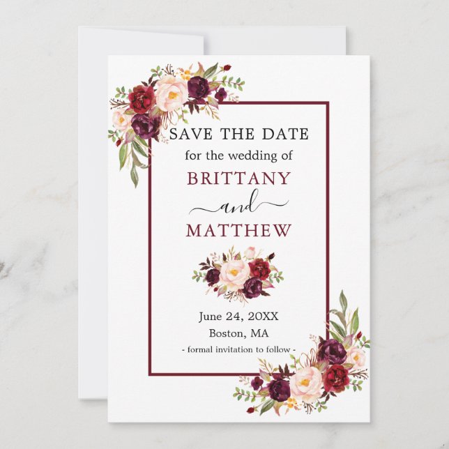 Moderne Elegante Burgundy Rahmen Save the Date flo (Vorderseite)