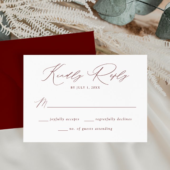 Moderne, elegante Burgundy Script Wedding RSVP Karte (Von Creator hochgeladen)