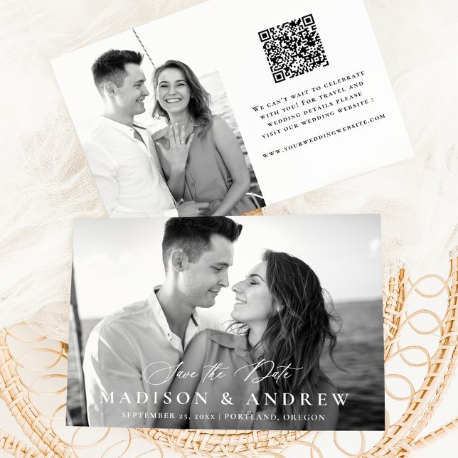Moderne elegante Calligraphie 2 Foto QR Code Weddi Save The Date (Von Creator hochgeladen)