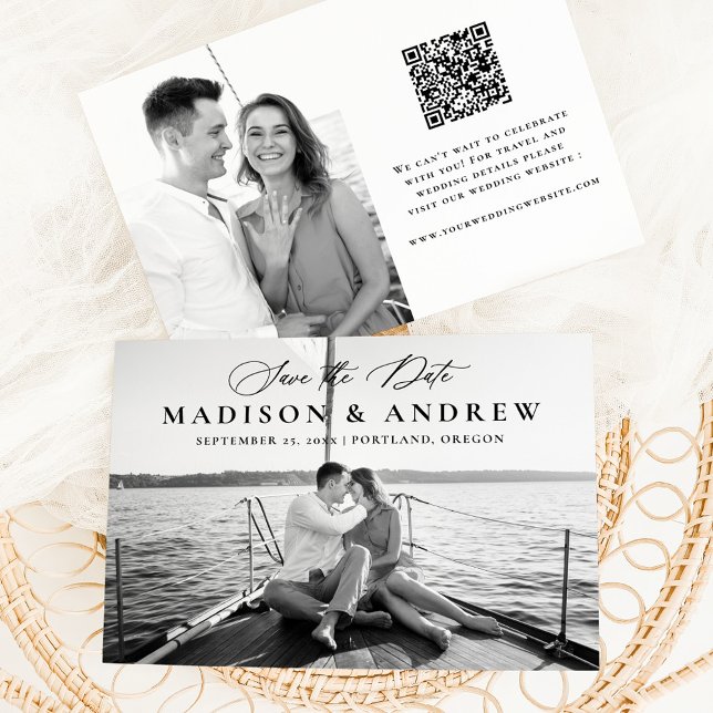 Moderne elegante Calligraphie 2 Foto QR Code Weddi Save The Date (Von Creator hochgeladen)