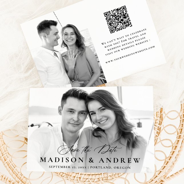 Moderne elegante Calligraphie 2 Foto QR Code Weddi Save The Date (Von Creator hochgeladen)