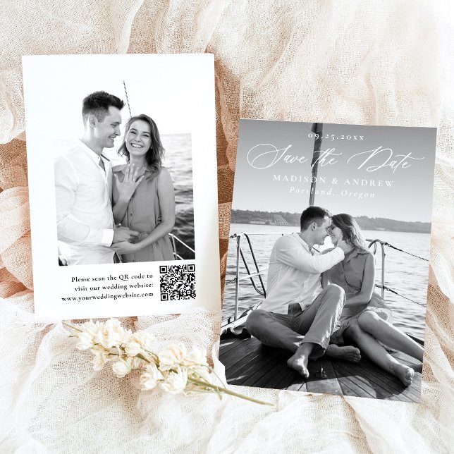 Moderne elegante Calligraphie 2 Foto QR Code Weddi Save The Date (Von Creator hochgeladen)